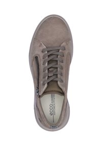 Grijze leren sneaker met veters en een zijrits. Bevat een gestructureerde bovenkant, rubberen zool en "ECCO" branding aan de binnenkant.