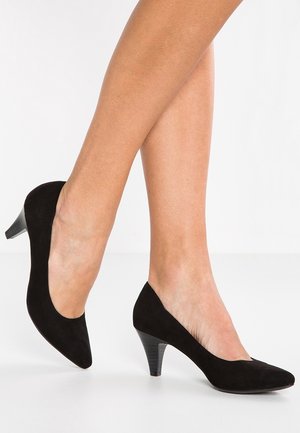 Black suede high-heeled shoes with a pointed toe and a tapered heel, featuring a matte texture and subtle stitching detail.