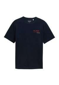 Marineblaue Baumwoll-T-Shirt mit kurzen Ärmeln, auf der Brust mit dem "TOM TAILOR" Logo in Rot und Weiß. Runder Ausschnitt, lockere Passform.