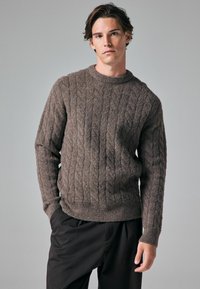 Pulover maro din tricot cu model împletit, cu guler rotund și mâneci lungi, având mansete și tiv cu dungi. Purtați peste pantaloni închiși la culoare.