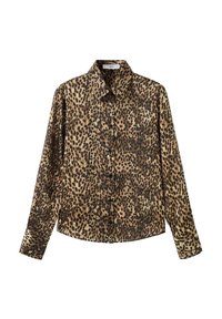 Camisa de estampado de leopardo con mangas largas, cuello tipo polo y corte relajado, fabricada en una tela suave y ligera en tonos marrón y negro.