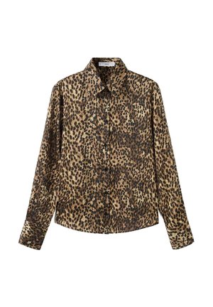 Camisa de estampado de leopardo con mangas largas, cuello tipo polo y corte relajado, fabricada en una tela suave y ligera en tonos marrón y negro.