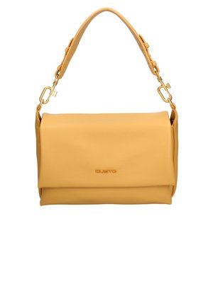 Gelbe Leder-Schultertasche mit einem Umschlag-Design, ausgestattet mit einem goldfarbenen Logo und Beschlägen, verstellbarem Tragegurt und glatter Textur.