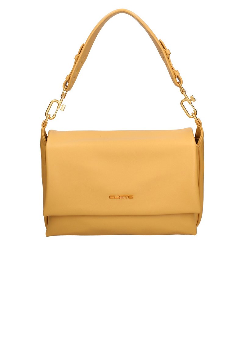 Sac à bandoulière en cuir jaune avec un design pliable, présentant un logo et des accessoires en ton or, une sangle ajustable, et une texture lisse.