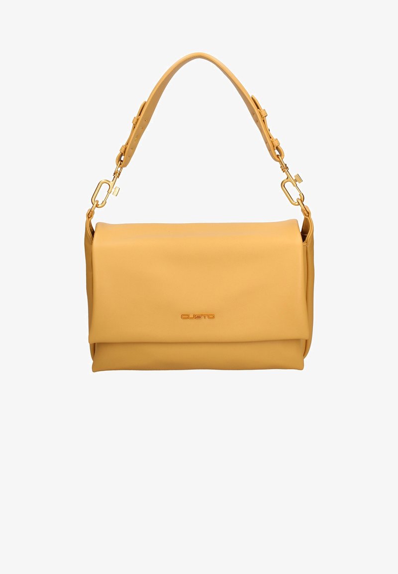Sac à bandoulière en cuir jaune avec un design pliable, présentant un logo et des accessoires en ton or, une sangle ajustable, et une texture lisse.