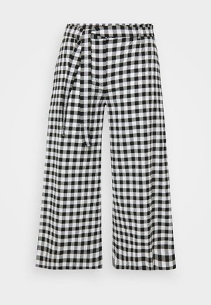 Zwart-wit geruite wijde broek met een elastische tailleband, strikceintuur en een relaxte pasvorm, gemaakt van lichtgewicht stof.