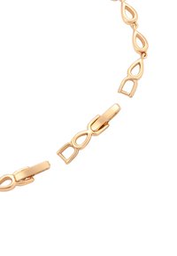 Collana in tono oro con forme a goccia collegate e chiusura a gancio. Superficie liscia con finitura lucida. Motivo geometrico su tutta la superficie.