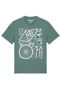 Tealen katoenen T-shirt met witte graphics gerelateerd aan fietsen, waaronder tandwielen, gereedschap en een wiel in een gestileerde opstelling.
