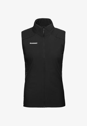 Gilet nero senza maniche con collo alto, zip frontale e tasche laterali. Il tessuto sembra liscio e leggero, con un logo sul petto.