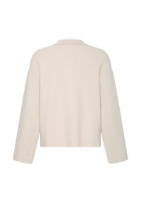 Pull à manches longues couleur crème vu de dos avec un ourlet droit et des manches larges, sans fermeture ni motif visible.