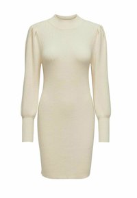 Abito a costine crema con collo alto, maniche lunghe a sbuffo e silhouette aderente, caratterizzato da un tessuto testurizzato e una leggera definizione in vita.