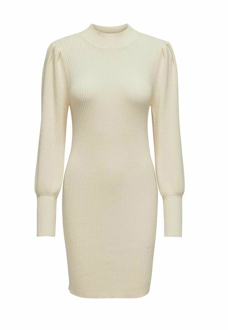 Abito a costine crema con collo alto, maniche lunghe a sbuffo e silhouette aderente, caratterizzato da un tessuto testurizzato e una leggera definizione in vita.