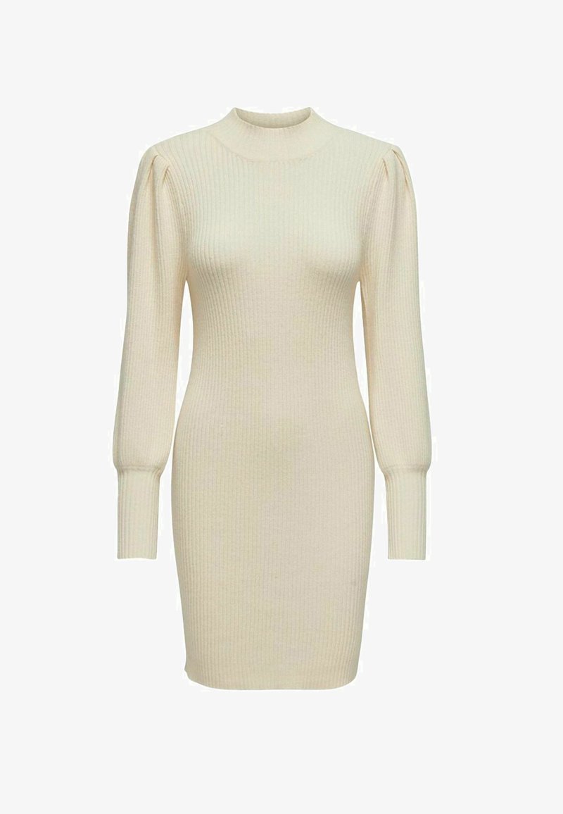 Abito a costine crema con collo alto, maniche lunghe a sbuffo e silhouette aderente, caratterizzato da un tessuto testurizzato e una leggera definizione in vita.