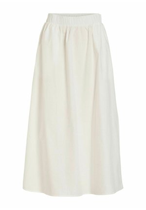 Kremowa spódnica do połowy łydki z elastycznym pasem i gładką, lekką tkaniną.