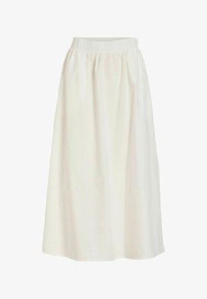 Kremowa spódnica do połowy łydki z elastycznym pasem i gładką, lekką tkaniną.