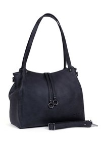 Sac à main en cuir noir avec poignées supérieures doubles, fermeture éclair et une bandoulière amovible. Présente une finition texturée et des accents matériels minimalistes.