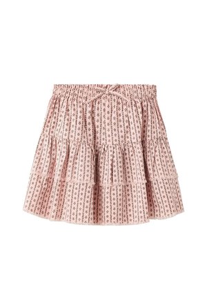 Jupe à volants rose clair avec un petit motif floral foncé et une taille élastique avec un petit nœud au centre devant.