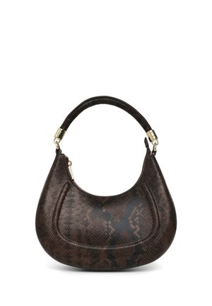 Dark brown handbag with snakeskin texture, rounded crescent shape, single handle with gold-tone metal hardware, and zipper closure on top.