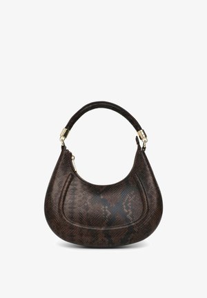 Dark brown handbag with snakeskin texture, rounded crescent shape, single handle with gold-tone metal hardware, and zipper closure on top.