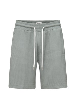 Light grey textured fabric shorts with elastic waistband and white drawstrings, featuring side pockets and a relaxed fit.