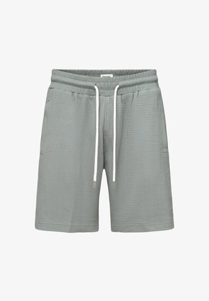 Light grey textured fabric shorts with elastic waistband and white drawstrings, featuring side pockets and a relaxed fit.