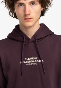 Fialová mikina s kapucňou vyrobená z mäkkej látky, s veľkým bielym logom "ELEMENT SKATEBOARD CO. WORLD WIDE" na hrudi a sťahovacími šnúrkami.