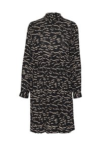 Robe noire avec un motif en vagues crème. Présente des manches longues, un col montant et un design fluide. Fabriquée à partir d'un tissu léger.