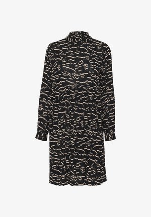 Robe noire avec un motif en vagues crème. Présente des manches longues, un col montant et un design fluide. Fabriquée à partir d'un tissu léger.