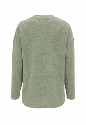 Light green, ribbed knit sweater with a round neckline and dropped shoulders. Features long sleeves and a relaxed fit, with a curved hem.