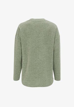 Lichtgroene, geribbelde gebreide trui met een ronde halslijn en verlaagde schouders. Heeft lange mouwen en een ontspannen pasvorm, met een afgeronde zoom.