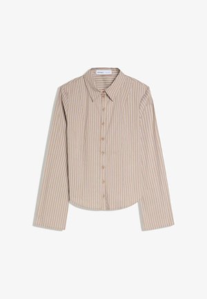 Beige overhemd met lange mouwen, knoopsluiting, witte en lichtbruine verticale strepen, puntige kraag en getailleerde taille.