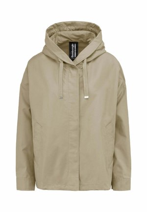Giacca beige con cappuccio con coulisse, tasche frontali, maniche lunghe e chiusura frontale nascosta del marchio Bomboogie.