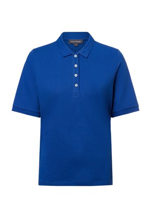 Blauses Polohemd aus Baumwollmischung, mit klassischem Kragen, kurzen Ärmeln und einer Knopfleiste mit fünf weißen Knöpfen.