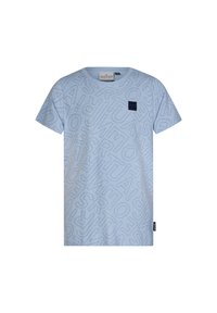 Jasnoniebieska koszulka z krótkim rękawem z dużym, tłoczonym wzorem tekstowym. Posiada małą czarną metkę marki na lewej części klatki piersiowej. Miękka tekstura materiału.
