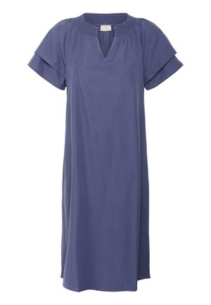 Robe décontractée indigo mi-genou avec manches courtes superposées et encolure froncée avec une petite ouverture en V.