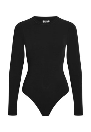 Zwarte longsleeve body gemaakt van gladde stof, met een ronde hals en hoge uitsnijdingen bij de benen, met een aansluitende pasvorm.