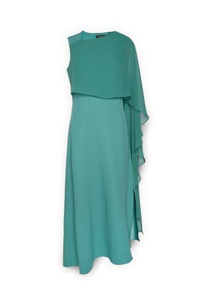 Tyrkis ærmeløs aftenkjole med asymmetrisk lagdelt kapedetalje, der draperer over den ene skulder, og sideslids på det gulvlange skørt.