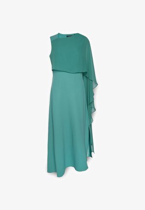 Morska, bezrękawna suknia wieczorowa z asymetryczną warstwową peleryną opadającą na jedno ramię oraz rozcięciem po bokach w spódnicy sięgającej ziemi.