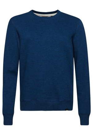 Sweat-shirt bleu à manches longues avec col rond, poignets et ourlet côtelés, design uni et petite étiquette de marque noire près de l'ourlet.