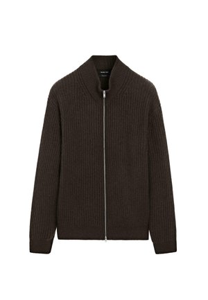 Cardigan lavorato a maglia marrone con texture a coste, colletto alto e chiusura con zip full. Maniche lunghe, polsini aderenti e orlo.