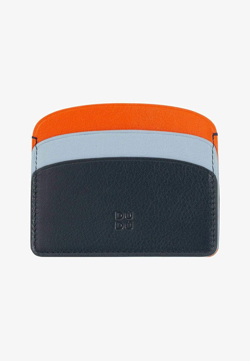 Leather cardholder featuring orange, light blue, and dark blue horizontal stripes. Compact design with textured finish and embossed logo.