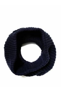 Dunkelmarineblaue, gestrickte Infinity-Schal mit gerippter Textur und runder Form, die für Wärme und Komfort konzipiert ist.