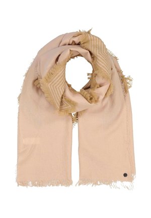 Sciarpa beige chiaro con bordi frangiati e una sezione a motivo geometrico color sabbia, piegata in modo sciolto a forma circolare su uno sfondo bianco.
