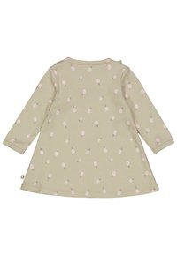 Vaaleanvihreä pitkähihaisen mekko, jossa on ribbikuviointi ja pinkki ananakskuosi koko pinnalla. Pyöreä pääntie ja levenevä helma.