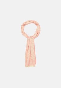Pink lightweight scarf with a woven pattern and fringed edges, featuring a smooth texture and rectangular shape.