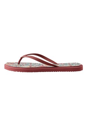 Flad mørkerød flip-flop sandal med blomster-mønstret polstret fodseng og tynde dobbelte remme.