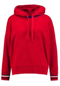 Felpa con cappuccio rossa dotata di cordino, caratterizzata da dettagli blu sul collo e polsini a righe in rosso, bianco e navy. Tessuto morbido.