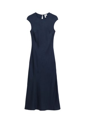 Navy blue sleeveless dress with a round neckline, fitted bodice, and flared hem, made of smooth fabric. Features a back zipper closure.