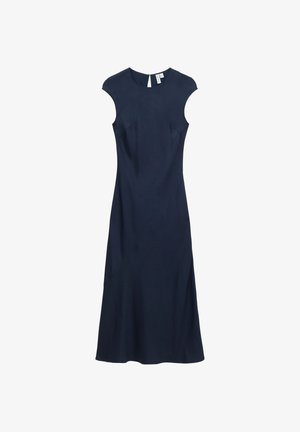 Navy blue sleeveless dress with a round neckline, fitted bodice, and flared hem, made of smooth fabric. Features a back zipper closure.