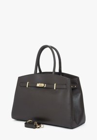 Ciemna skórzana torba typu tote o wyraźnej strukturze, z dwoma uchwytami i złotym wykończeniem. Zawiera odpinany pasek oraz minimalne ozdobne akcenty.